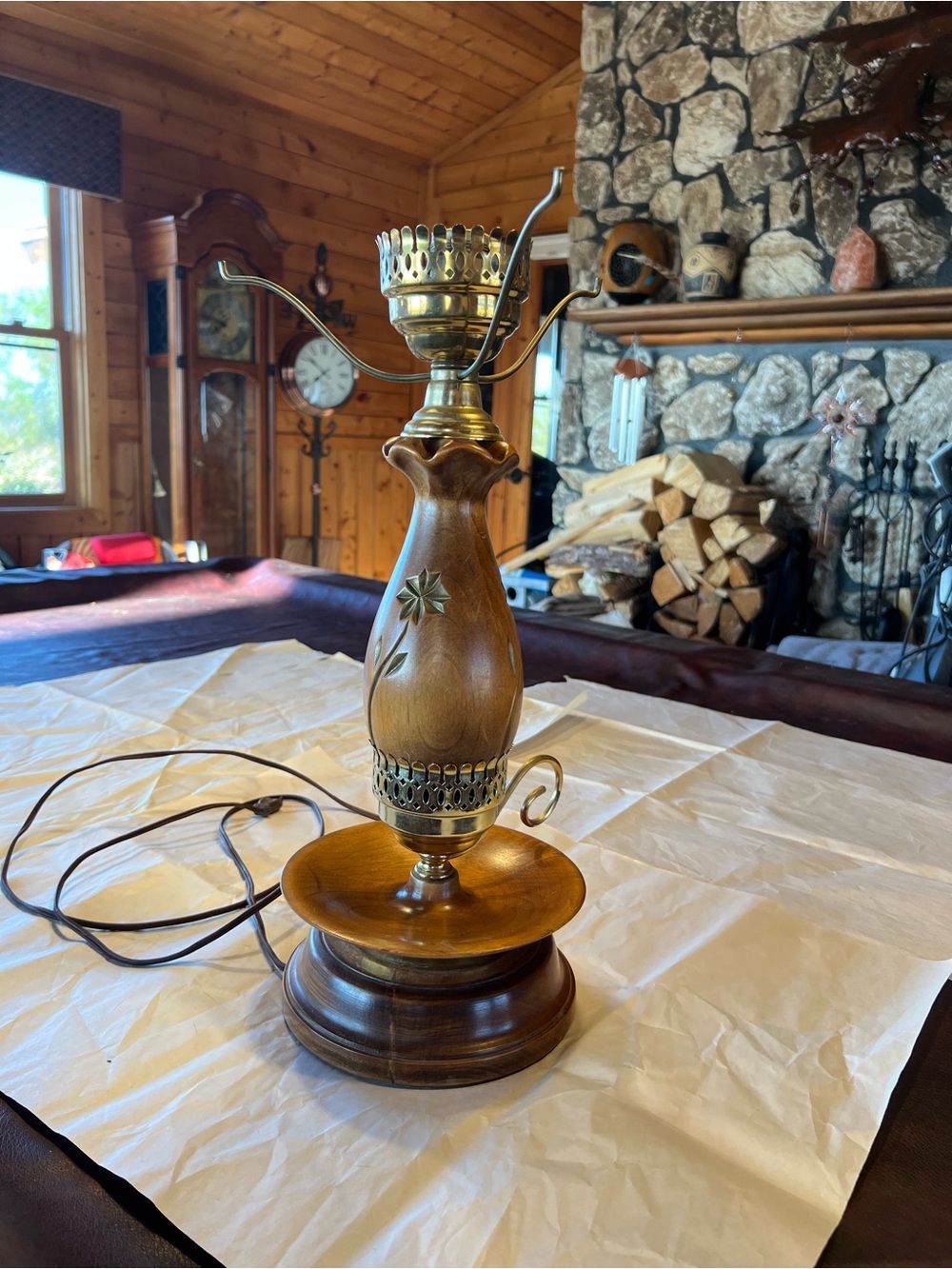 Vintage asymmetrical Carved Wood Table Lamp with brass accents.